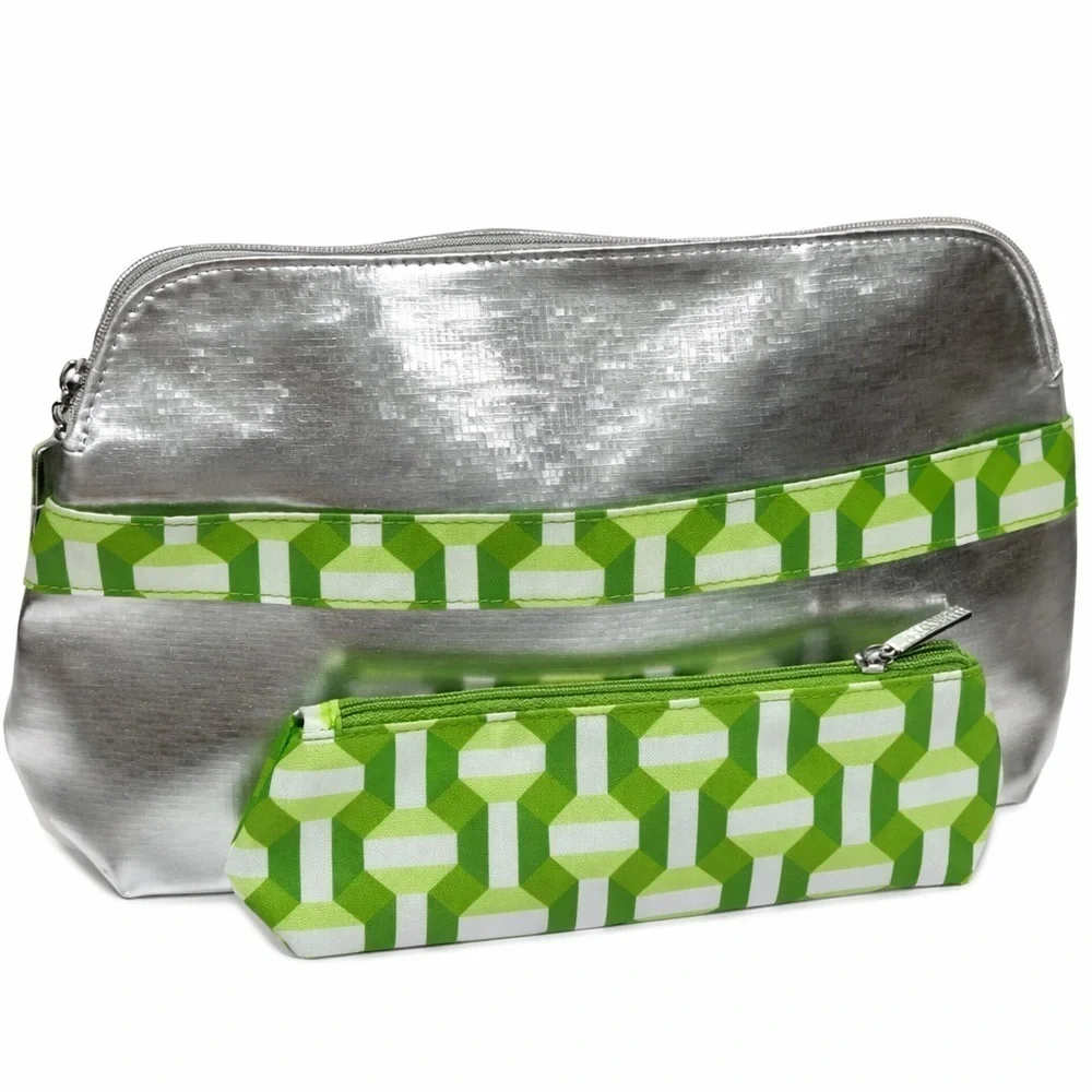 Clinique 2 Pc Cosmetic Bag Set Silver Green Geometric Makeup Pouch NWT